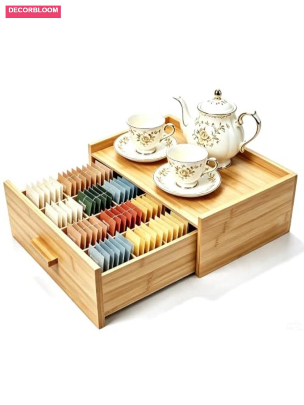 Bamboo Tea Bag Organizer Box with Drawer for Counter